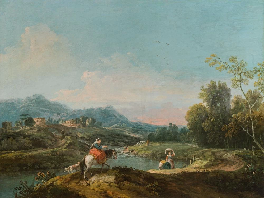 Paesaggio fluviale con donna a cavallo
